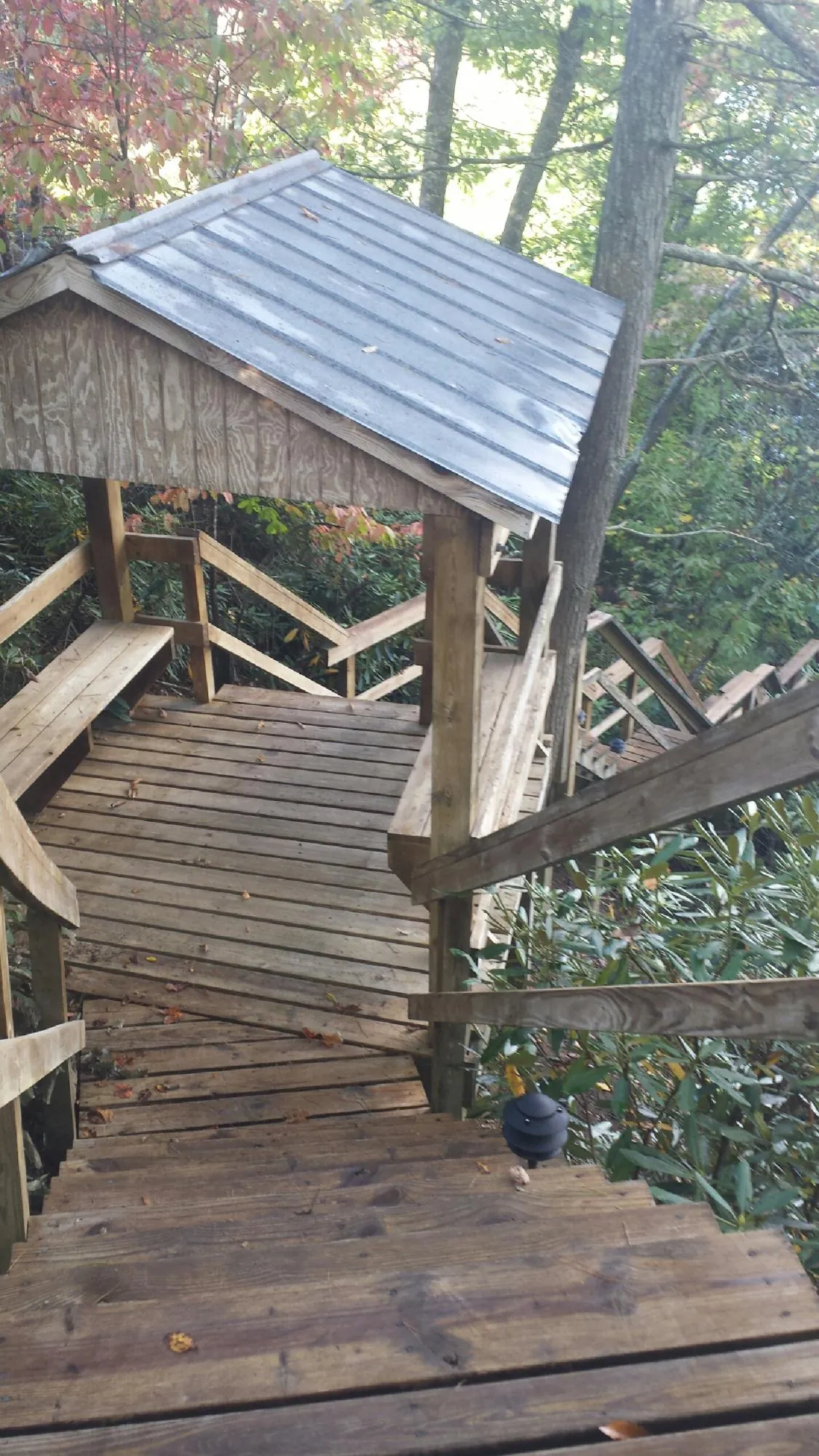 Metal roofed shelter over wooden steps on a wooded walkway — Skylight Repair & Installation work by our crew in Lenoir City